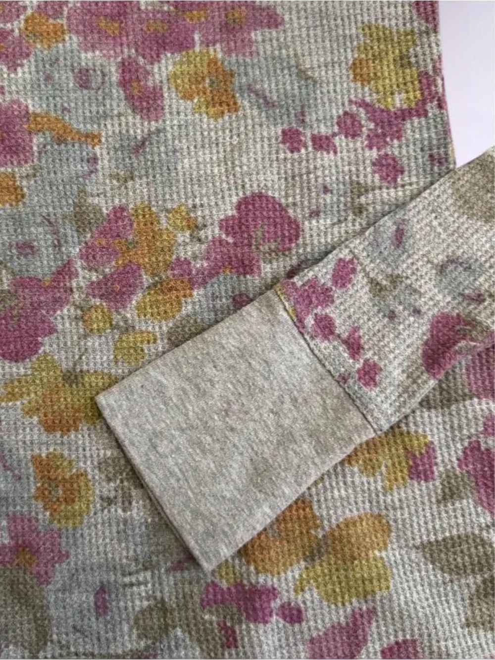 Free People 00s Grey Waffle Knit Floral Shirt Long Sleeve Cotton Blend